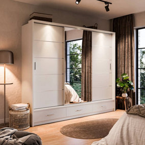 Modern Lux Wardrobe with Shelves and Mirrored Door in White - LED Lit Storage Solution (H2150mm W2500mm D630mm)