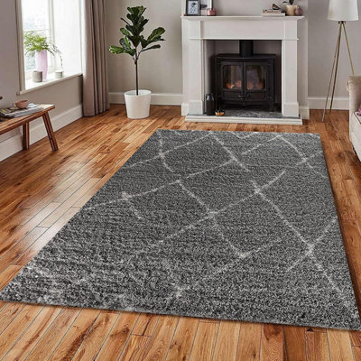 Modern Marrakesh Shaggy Rugs Living Room Geometric Design- Grey (120x170 cm)