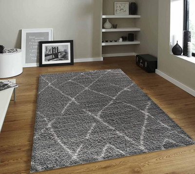 Modern Marrakesh Shaggy Rugs Living Room Geometric Design- Grey (160x230 cm)