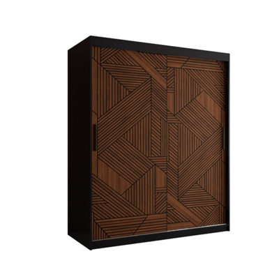 Modern Marsylia I Geometric Sliding Door Wardrobe W1500mm H2000mm D620mm - Black & Dark Walnut, Sleek Design, Ample Storage