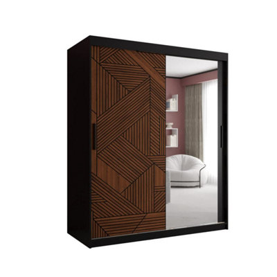 Modern Marsylia II Sliding Door Wardrobe W1500mm H2000mm D620mm - Black & Dark Walnut, Mirrored Door, Ample Storage