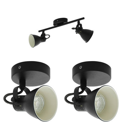Modern Matt Black Twin Ceiling Spot Light with 2 Matching Adjustable Wall Lights