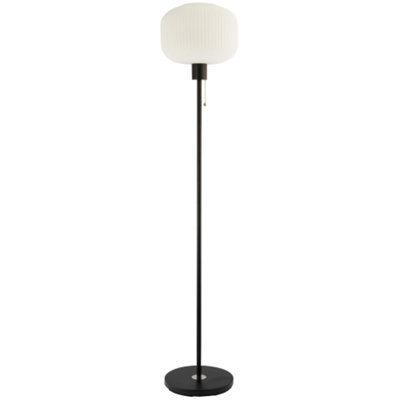 Modern Matte Black Floor Lamp with Opal White Glass Shade and Pull Switch