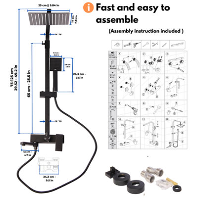 Modern Matte Black Shower Mixer Set (117x34x24cm) - Adjustable Anti-Calc 3-Function with Rainfall Shower Head, Handheld Shower Bar
