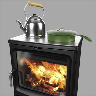 Modern Metallic Black 4.7kw DEFRA Wood Burning Stove & Stainless Steel Cook Plate - Top Exit - 4