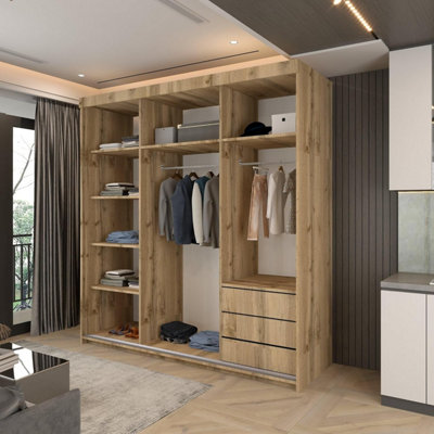 Modern Mexico Sliding Wardrobe with LED Light & Trim Design Oak 200cm