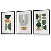 Modern Mid Century Green and Gold Set of 3 Wall Art Prints / 42x59cm (A2) / Black Frame