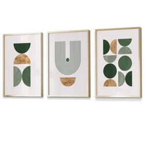 Modern Mid Century Green and Gold Set of 3 Wall Art Prints / 42x59cm (A2) / Gold Frame