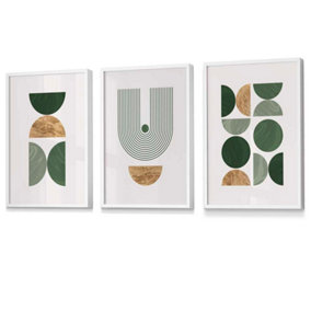 Modern Mid Century Green and Gold Set of 3 Wall Art Prints / 42x59cm (A2) / White Frame