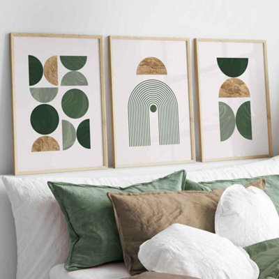 Modern Mid Century Green and Gold Set of 3 Wall Art Prints / 42x59cm (A2) / White Frame