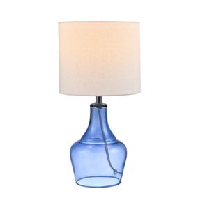 Modern Midnight Blue Glass Lamp with Natural Linen Fabric Shade and Clear Cable