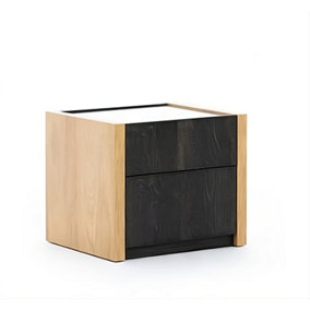 Modern Modello Bedside Table H440mm W500mm D440mm with Glass Top and Drawers in Oak Hickory & Flamed Ash