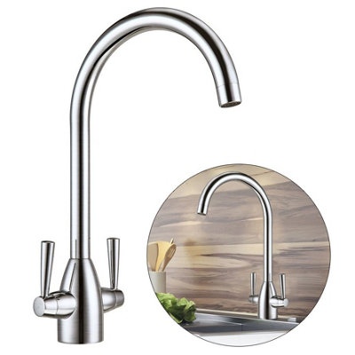 Modern Mono Kitchen Sink Mixer Tap Brushed Nickel Twin Lever Swivel Spout +Flexi