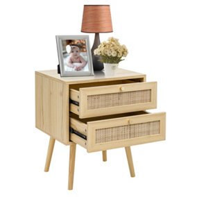 Modern Natural Wooden Rattan Bedside Table with 2-Drawer and Solid Pine Legs for Bedroom, Living Room and Small Spaces