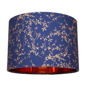 Modern Navy Blue Cotton Fabric 12 Lamp Shade with Copper Foil Floral Decoration