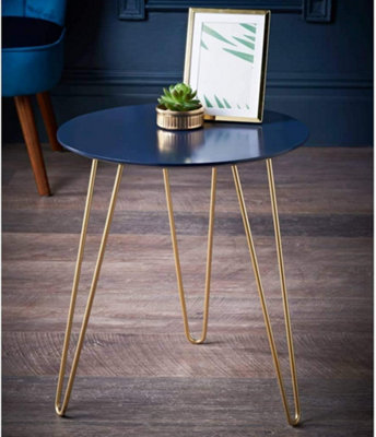 Modern Navy & Gold Round Side Table With Metal Legs, Perfect for Living Room, Bedroom & Small Spaces
