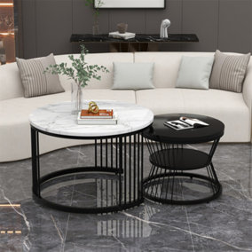 Modern Nesting Coffee Table, Coffee Table Set Marble Veneer Sofa Side Nest of Tables Round End Tables, Set of 2, Black Color Frame