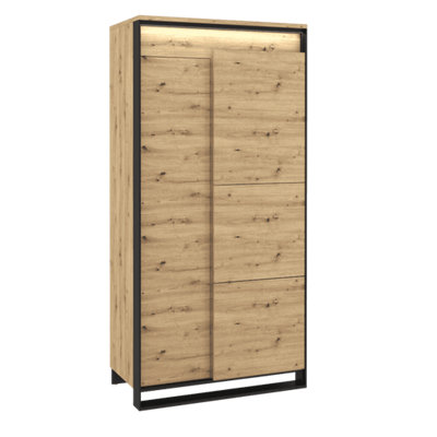 Modern Oak Artisan & Black Hinged Wardrobe (H)1950mm (W)950mm (D)500mm with LED Lighting - Spacious Clothes Storage