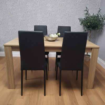Modern Oak Effect Dining Table Set With 4 Black Faux Leather Chairs ...