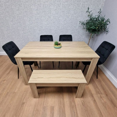 Modern Oak Effect Dining Table Set With 4 Black Velvet Chairs And Bench ...