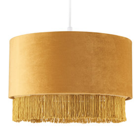 Modern Ochre Mustard Drum 14 Pendant Shade with Tassels and Embroidered Trim