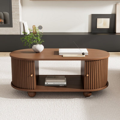 Modern Oval Coffee Table with Sliding Doors & Hidden Storage - Dark Oak ...