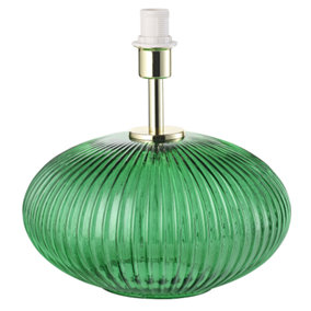 Modern Oval Emerald Green Glass Table Lamp with Ribbed Design and Brass Trim