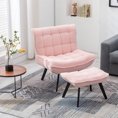Modern Pink Soft Teddy Fabric Material Accent Chair Leisure Chair Armchair TV Chair Bedroom Chair With Ottoman Black Legs
