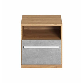 Modern Plano Bedside Table in Oak Nash & Concrete - Compact Storage (H)500mm x (W)450mm x (D)410mm, Stylish Nightstand.