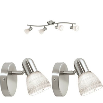 Modern Quad Ceiling Spot Light with 2 Matching Satin Nickel Wall Lights and Opal Glass Shades