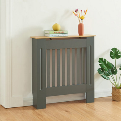 Modern Radiator Cover Wall Cabinet MDF Slats, Grey with Wood Top,S