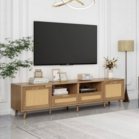 Modern Rattan and Oak Wood TV Stand TV Cabinet Console Table with Storage and Drawers Living Room Furniture