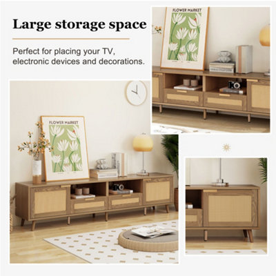 Modern Rattan and Oak Wood TV Stand TV Cabinet Console Table with Storage and Drawers Living Room Furniture