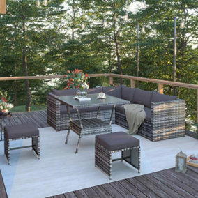 Modern Rattan Outdoor Garden Patio Corner Sofa Dining Set with Glass Topped Dining Table and Stools Bistro Set