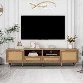 Modern Rattan TV Stand with 4 Storage Cabinet and 2 Open Shelves, for Living Room