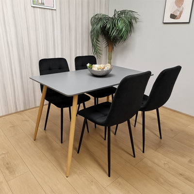 Modern Rectangle Dark Grey Dining Table Set With 4 Black Velvet Chairs ...