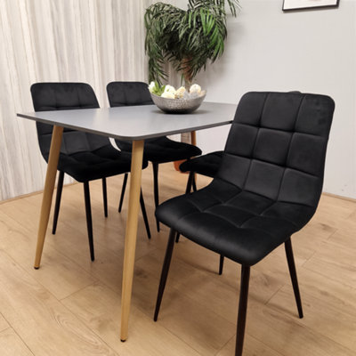 Modern Rectangle Dark Grey Dining Table Set With 4 Black Velvet Chairs ...