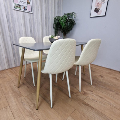 Modern Rectangle Dark Grey Dining Table Set With 4 Cream Chairs Dining ...