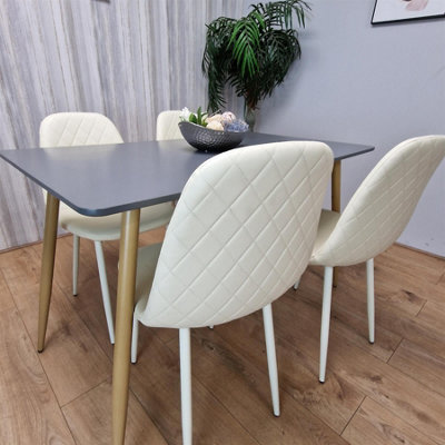 Modern Rectangle Dark Grey Dining Table Set With 4 Cream Chairs Dining ...