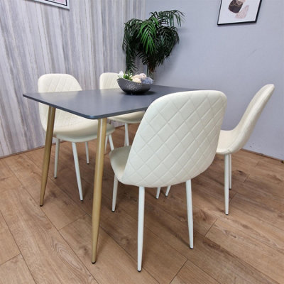 Modern Rectangle Dark Grey Dining Table Set With 4 Cream Chairs Dining ...