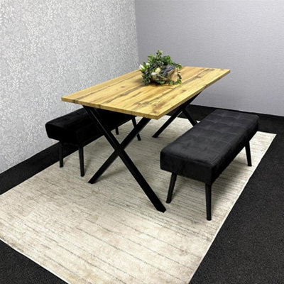 Modern Rectangle Dining Table Set with 2 Black Velvet Padded Benches ...