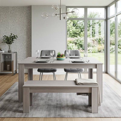 Modern Rectangle Dining Table Set With 2 Grey Velvet Chairs And 1 Bench ...