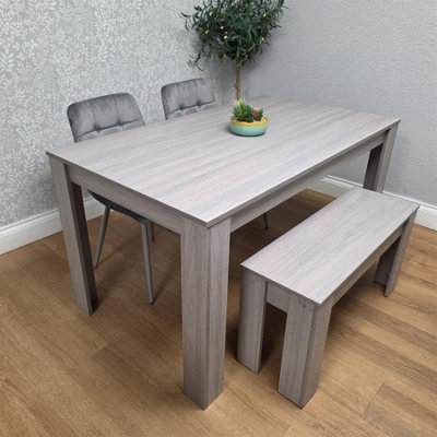Modern Rectangle Dining Table Set With 2 Grey Velvet Chairs And 1 Bench ...