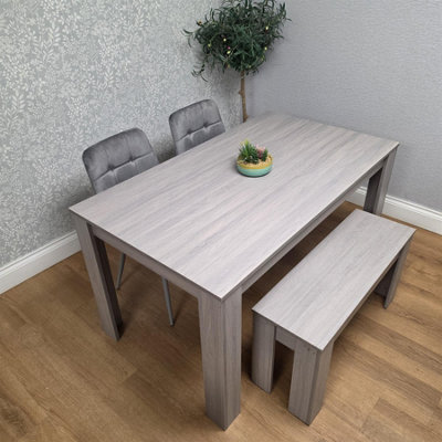Modern Rectangle Dining Table Set With 2 Grey Velvet Chairs And 1 Bench ...