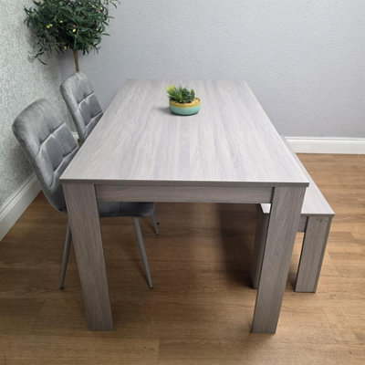 Modern Rectangle Dining Table Set With 2 Grey Velvet Chairs And 1 Bench ...