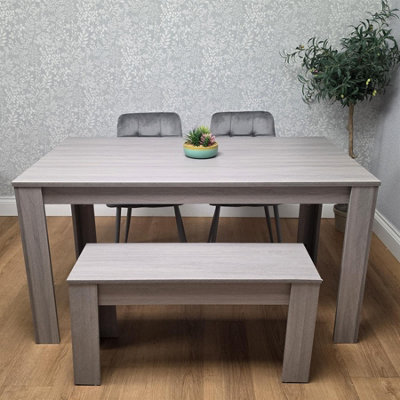 Modern Rectangle Dining Table Set With 2 Grey Velvet Chairs And 1 Bench ...