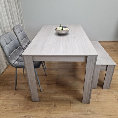 Modern Rectangle Dining Table Set With 2 Grey Velvet Chairs And 1 Bench ...