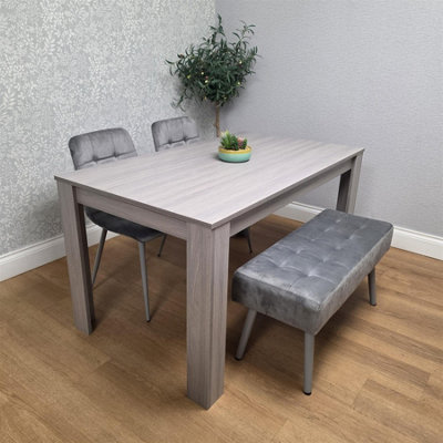 Modern Rectangle Dining Table Set With 2 Grey Velvet Chairs And 1 Grey ...