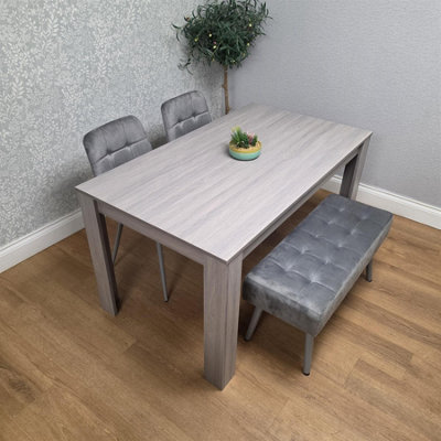 Modern Rectangle Dining Table Set With 2 Grey Velvet Chairs And 1 Grey ...