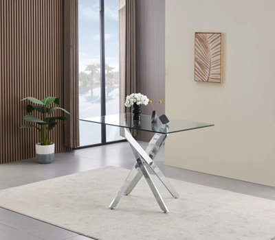 Modern Rectangle Glass Dining Table Set With 4 Black Gem Pattern Chairs ...